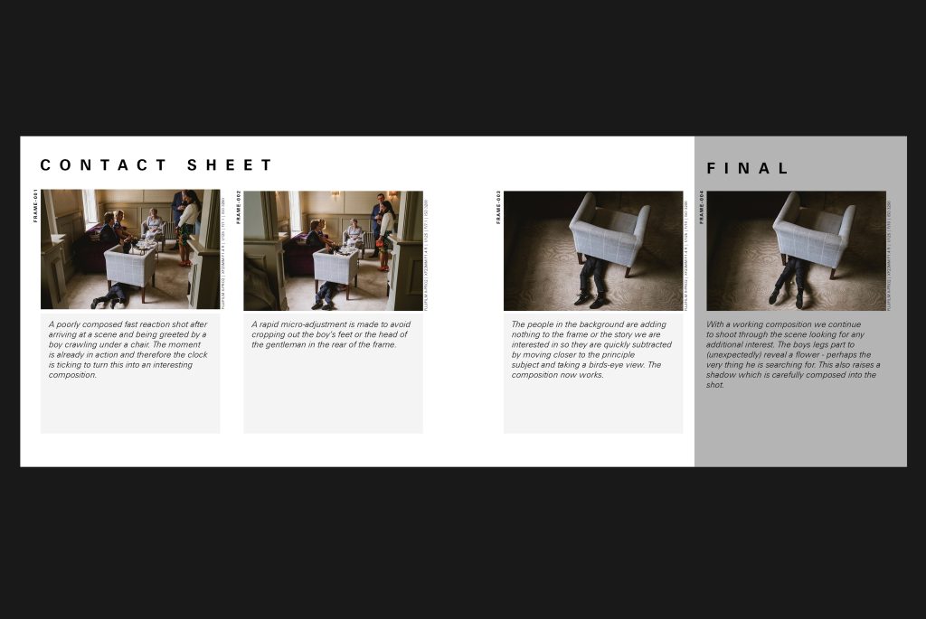 Contact sheet from a photography book, demonstrating the process of reducing the lag time in wedding photography