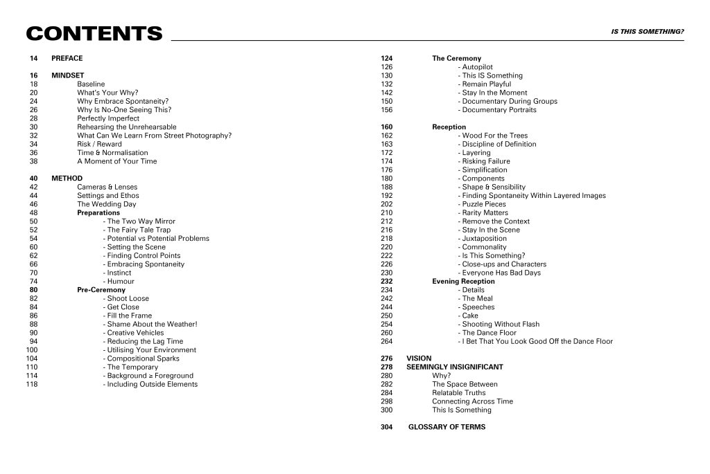 Contents page of book about documentary photography